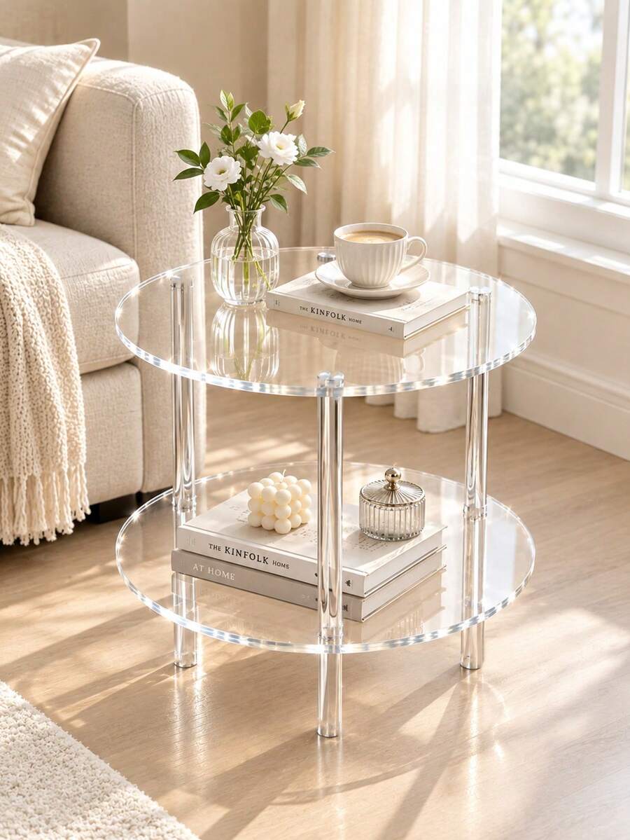 Transparent Acrylic Double-Layer Round Table, Round Side Table, Living Room Sofa End Table, Modern Minimalist Storage Table, Double-Layer Open Storage Design, Transparent Design Small Coffee Table, Bedroom Bedside Table, Living Room Corner Table, Casual Coffee Table, Bedside Storage Table, Small Space-Saving Home Table, Lightweight Practical Home Decor Table, Suitable For Living Room/Bedroom/Small Apartment/Dorm/Office/Reading Corner And Other Living Scenes - Transparent - View 1