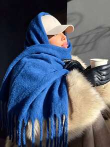 1pc Solid Color Scarf, Winter Warm Neck Protection, Thickened Wool Knitted Shawl With Tassels, Wearable - Royal Blue - View 2