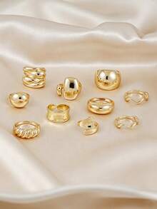 10Pcs Gold Layered Stacking Rings, Asymmetrical Glossy Dome Open Rings Set, Punk Hip Hop Finger Jewelry For Women Party Daily Wear - Yellow Gold - View 6