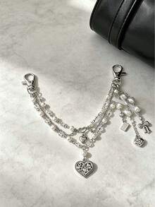 1pc Sweet Cool INS Style Faux Pearl Beaded Bag Chain, Creative Heart Bow Tassel Bag Charm Pendant - Silver - View 4