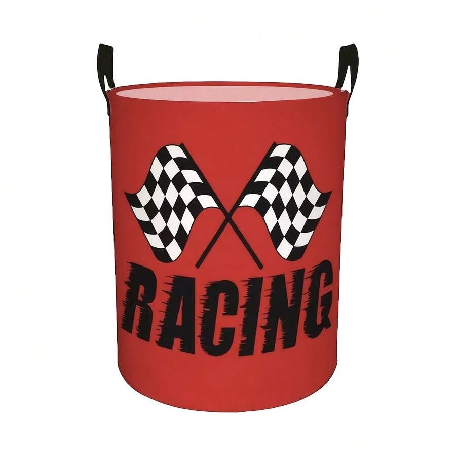 Red Race Car Checkered Flag Print Laundry Basket, Foldable Round Storage Bin With Handle, Black And White Racing Flag Pattern For Dirty Clothes Or Toy Storage, Suitable For Decorating A Boy's Room - Red - View 1