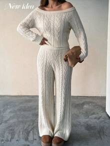 NEW IDEA Women's Casual White Fall Winter Sweater Two‑Piece Set, Off‑Shoulder Cable Knit Cropped Top + Wide Leg Pants For Daily, Dating, Going Out - White - View 6