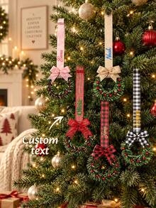 1pc Custom Text Wreath Ribbon Hanging Ornament, Bow & Berry Detail Embroidered Christmas Decor, 5 Style Alternatives, Holiday Tree & Tabletop Display, Thoughtful Gift For Friends And Housewarming Recipient - Multicolor - View 2