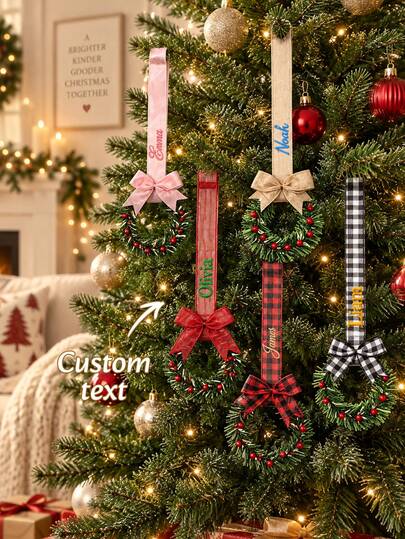 1pc Custom Text Wreath Ribbon Hanging Ornament, Bow & Berry Detail Embroidered Christmas Decor, 5 Style Alternatives, Holiday Tree & Tabletop Display, Thoughtful Gift For Friends And Housewarming Recipient