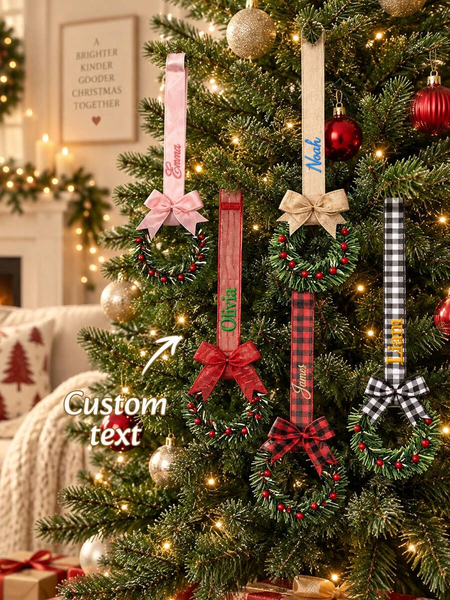 1pc Custom Text Wreath Ribbon Hanging Ornament, Bow & Berry Detail Embroidered Christmas Decor, 5 Style Alternatives, Holiday Tree & Tabletop Display, Thoughtful Gift For Friends And Housewarming Recipient