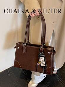 1pc Solid Color Fashion Square Suede Fabric Shoulder Bag Suitable For Commuting, Shopping, Etc. (With Pendant) - Coffee - View 11