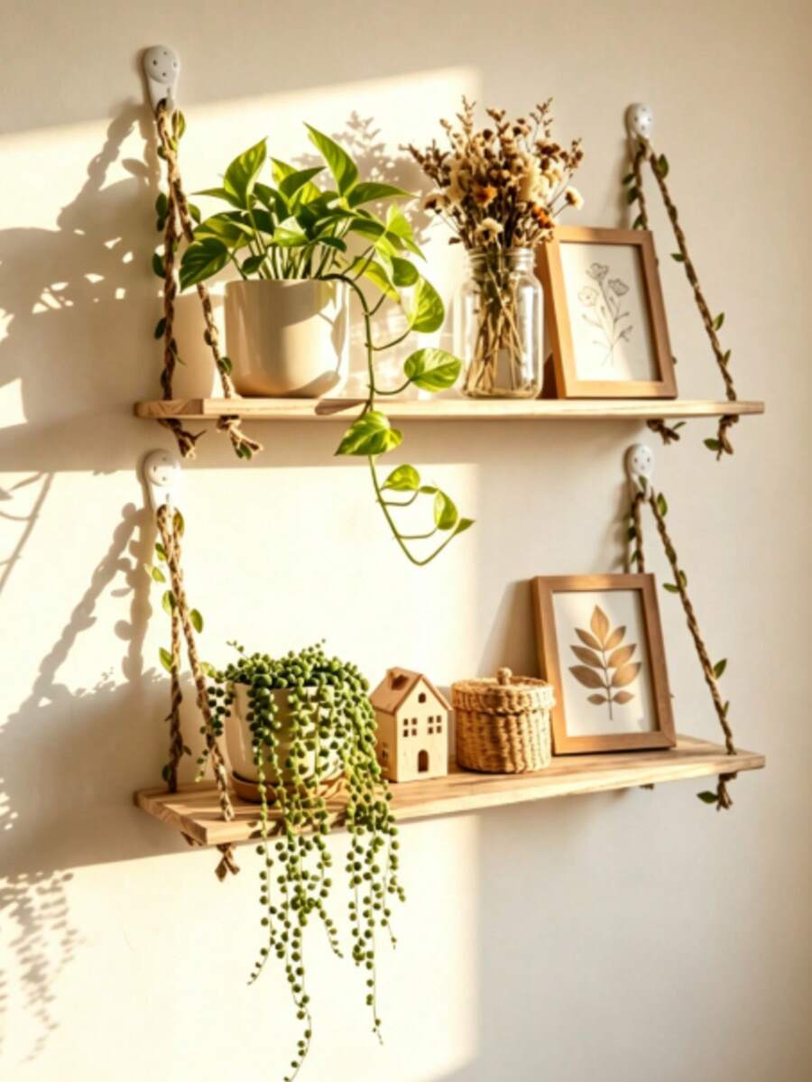 2 piezas Estante colgante de pared sin taladro, Estante de decoración de pared estilo bohemio, Estante para exhibición de suculentas, Estante de almacenamiento de pared, Estante de pared para el hogar, Estante de pared con cuerda de ratán, Estante de exhibición de decoración de pared sin agujeros - 2pcs - Ver 1