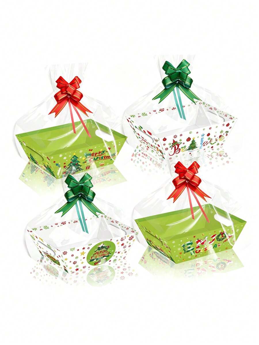 6pcs/1pc Christmas Gift Packaging Basket/Tray, Printed With "Merry Christmas" Letters And Christmas Tree Pattern, Suitable For Christmas Gifts, Party Favors, Souvenir Packaging, New Year Party, Winter Theme Party, Etc. - One Size Fits All - View 1