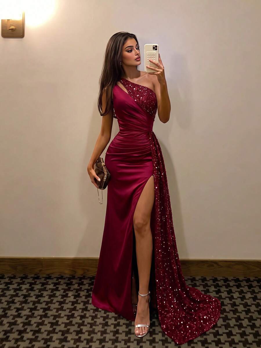 ADYCE Elegant One-Shoulder Cinched Waist Backless Fitted Sequin Patchwork Train High Slit Prom Dress, Suitable For Homecoming, Wedding Guest, Christmas Dinner And Party - Burgundy - View 1