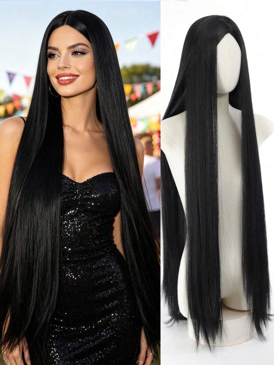 40"Long Black Wig For Women Straight Middle Part Synthetic Wig For Cosplay Halloween - Multicolor - View 1