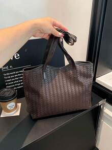 Cross-Border Korean Style Large Capacity Women's 2026 New Fashion Woven Texture Shoulder Underarm Bag Commuter Tote Bag - Coffee Brown - View 3