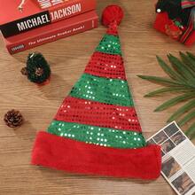 4pcs Christmas Party Sequin Striped Santa Hats, Colorblock Glitter Plush Trim Caps, Christmas Party Stage Performance Costume Headwear - Multicolor - View 6