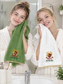 2pcs Christmas Coral Fleece Towels - Soft Absorbent Hand Towels - Exquisite Reindeer Embroidery Pattern With Gold Trim - Winter Holiday Bathroom Decor - Christmas Gift - Multicolor - View 6