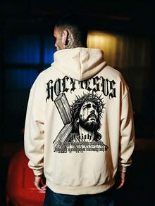 DOPE | سويت شيرت هوديي بكتف منسدل بلون المشمش، طباعة صليب يسوع وإكليل الأشواك على الظهر، سويت شيرت بحجم كبير - لون مشمشي - مشاهدة 2