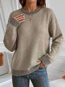 Women's Casual Spring/Autumn , Knit Round Neck Contrast Color Loose Versatile Sweater, Suitable For Commuting And Dating - Khaki - View 7