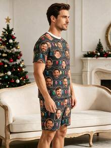 Bộ đồ ngủ ngắn nam Noel in mặt gia đình tùy chỉnh, màu xanh navy họa tiết dây đèn Noel nhiều màu kèm ảnh cá nhân, đồ mặc nhà gia đình đồng bộ làm quà tặng lễ hội - Xám - Xem 3