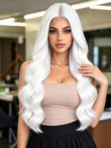24 Inch White Middle Part Curly Wig, Heat-Resistant Synthetic Fiber, Comfortable And Breathable, Fashionable Elegant Voluminous Natural Style, Suitable For All Women, Comfortable For Daily Wear, Eye-Catching For Parties And Gatherings, Halloween Costume Essential, Soft And Easy To Style, Create Versatile Looks - White - View 4