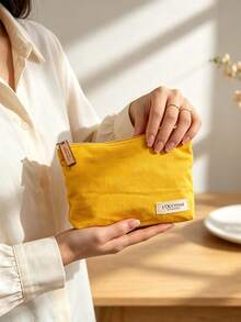 2 Colors L'Occitane Canvas Zipper Makeup Bag Solid Color Cosmetic Storage Pouch Wooden Zipper Pull Large Capacity Travel Toiletry Bag Women's Gift - Yellow - View 8