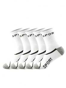 1/5/10/20 Pairs Black & White Letter Pattern, All-Season Neutral Color Men's Sports Casual Mid-Calf Socks - Multicolor - View 15