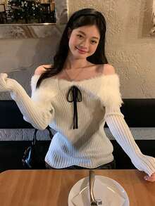韓式露肩白色毛絨長袖針織毛衣，修身女款上衣，初秋穿搭 - 白色 - 查看 2
