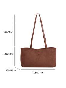 1pc Coffee Brown Large Capacity Faux Suede Tote Bag Women's Shoulder Bag - Coffee Brown - View 7