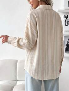 Women's Non-Stretch Striped Button-Down Shirt, Long Sleeve Lapel Loose Fit, Suitable For Casual Office Daily Wear - Pink - View 2