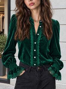 Plus Size Women's Elegant Velvet Blouse, French Vintage Lace Trim Bell Sleeve, Solid Color Front Button Lace Patchwork Long Sleeve Top, Suitable For Office - Green - View 4