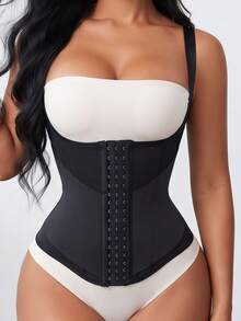 1pc Women Adjustable Strap Waist Trainer Corset Tummy Control Hook & Eye Body Shaper Back Support Slimming Girdle - Black - View 1