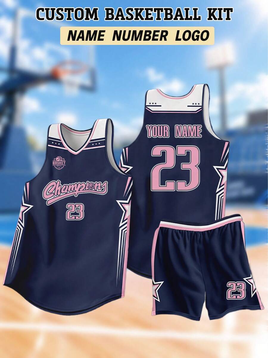 2pcs Personalized Basketball Jersey Set - Custom Club Name, Number And Logo Printed Tank Top + Shorts Sports Outfit. Comfortable. Gift, Suitable For School/Competition. - Royal Blue - View 1