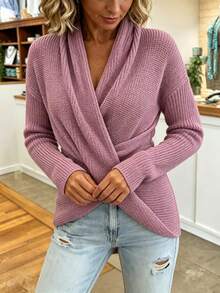 Women's Elegant Plain-Coloured Cross-Over Design Fall Sweater - Pink - View 6
