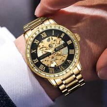 RUIGE Double-Sided Hollow Men's Automatic Watch, Stainless Steel Band Mechanical Movement Men's Version, Luxury Business Fashion Watch - Gold - View 9