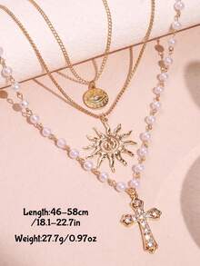 3pcs Fashionable Retro Hip-Hop Punk Unique Exquisite High-End Faux Pearl Cross & Sunflower Pendant Necklace Set, Men's Daily Wear Holiday Party Jewelry - Multicolor - View 7