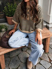 Women's New Autumn Contrast Color Striped Knit Top, Casual Daily Commute College Style - Khaki and Black - View 6