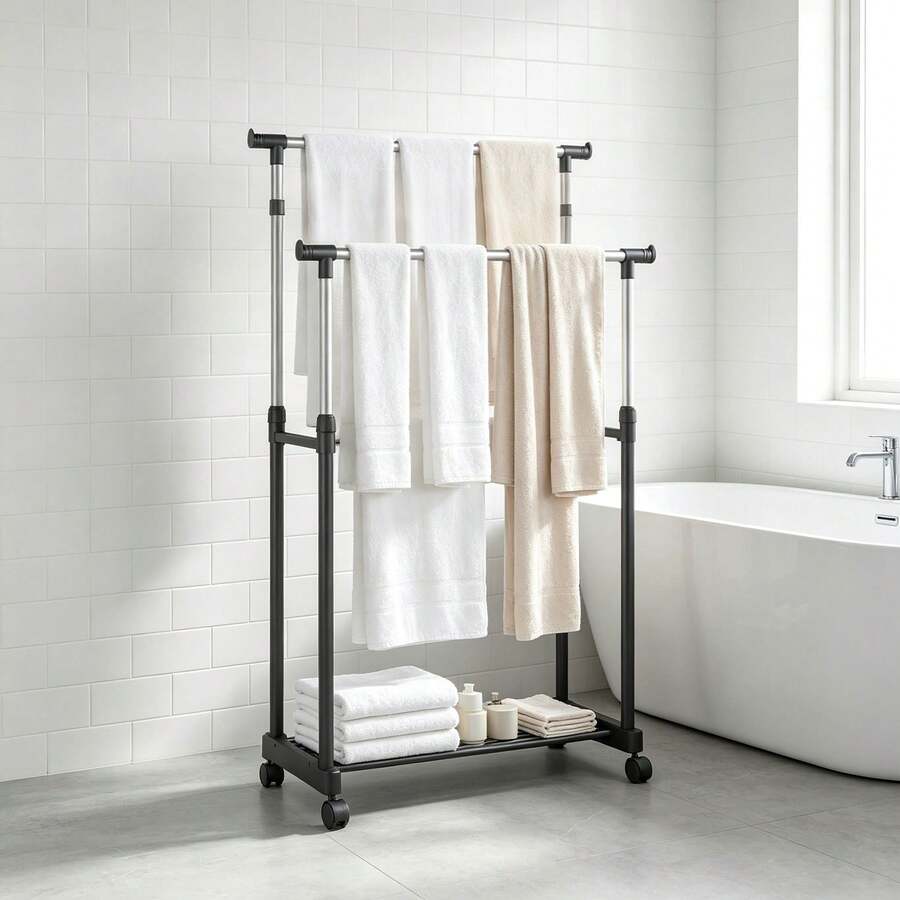 Free‑Standing Towel Rack For Bathroom, Double Bars Rolling Towel Holder With Wheels, Freestanding Bath Towel Drying Rack For Bathtub Side Storage - Black - View 1