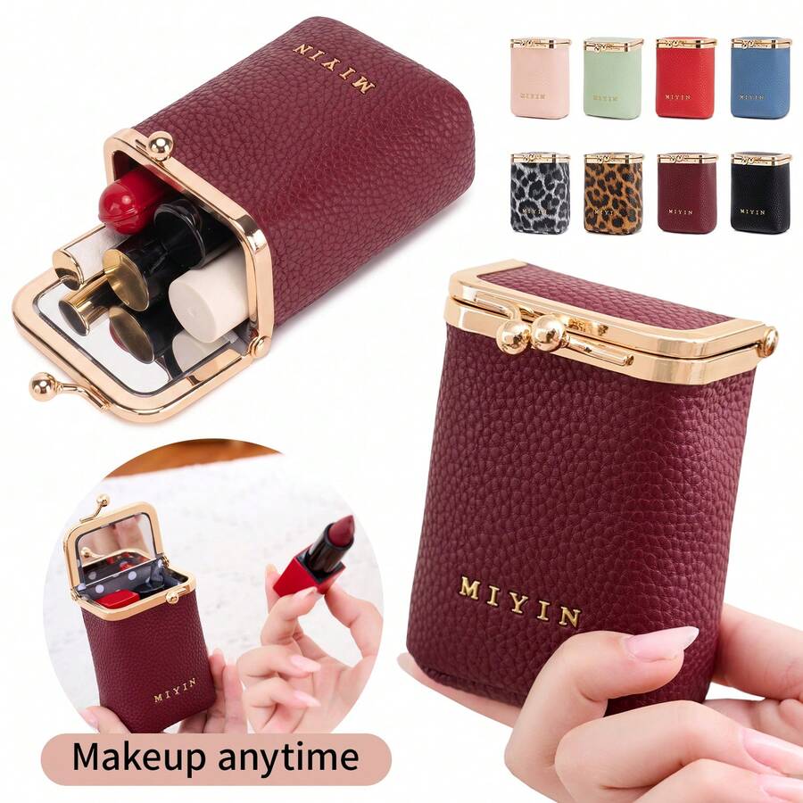 MIYIN Vintage Leopard Print Kiss Lock Lipstick Storage Box With Mirror, Lightweight Portable Mini Makeup Bag, Simple Litchi Texture Women's Lipstick Bag, Multi-Functional Small Coin Purse Suitable For Daily, Travel, Shopping, Dating, Gift For Women, Girls, Students, Teachers, Birthday Gift, Valentine's Day Gift, Daily Essential