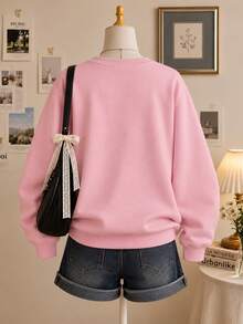 sweat-shirt gris à col rond, manches longues, coupe ample, unisexe, style INS, sweat-shirt de sport, lavable en machine, tenue décontractée pour tous les jours, mode automne, sweat-shirt grande taille pour femmes, style preppy - Rose bonbon - Voir 2