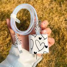 5pcs 2D Flat Design Hand-Drawn Heart Phone Charger Protection Set, Charger Head Cover + Cable Protector + Storage Rope + Data Cable Protection Rope, Compatible With Iphone 20W/18W Charger - Multicolor - View 4
