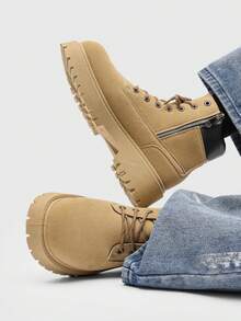 New Autumn/Winter Men's Lace-Up High-Top Ankle Boots, Thick Sole, Plus Size, Side Zipper, Motorcycle Boots, Chunky Heel, Durable Work Boots, Suitable For Outdoor, Halloween, Graduation Season, Camping, Dating, Commuting, Party - Khaki - View 5