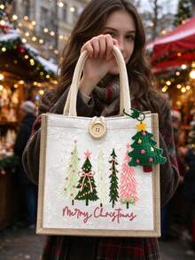 Christmas Printed Linen Tote Bag, Reusable Printed Women's Tote Bag, Large Capacity Shoulder Bag,Christmas Storage Bag, Suitable For Commuting, School And Shopping, Convenient For Outdoor Use, For Teachers, Perfect Choice For Vacation And Holidays - Multicolor - View 2