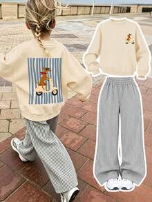 2pcs/Set Girls Outfit, Cream Cartoon Dog Print Sweatshirt + Striped Wide Leg Pants, Soft Fabric, Cute Casual Style - Apricot - View 1