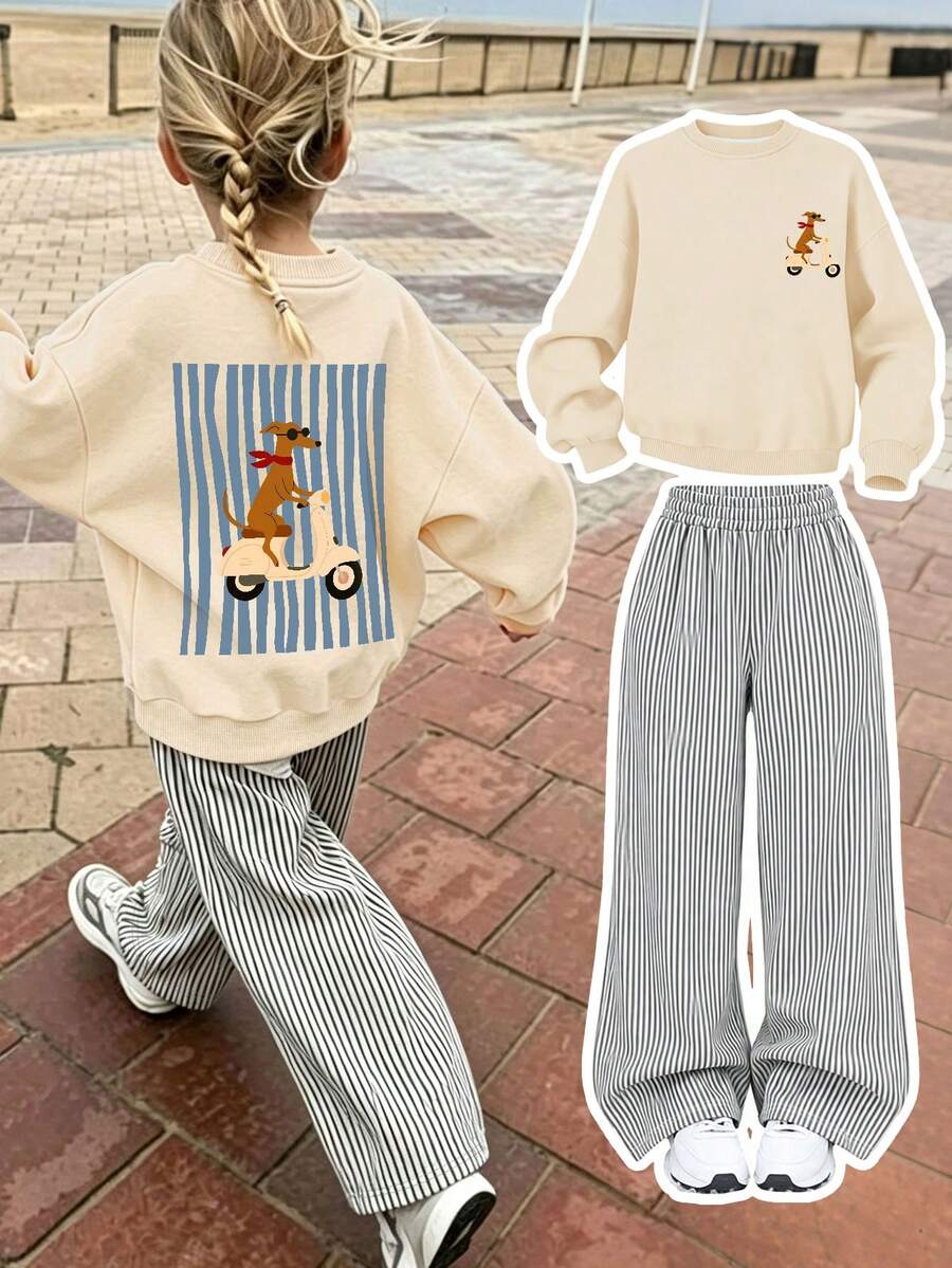 2pcs/Set Girls Outfit, Cream Cartoon Dog Print Sweatshirt + Striped Wide Leg Pants, Soft Fabric, Cute Casual Style - Apricot - View 1