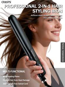 CRASTS Hair Straightener And Curler 2 In 1, Ceramic Flat Iron With 6 Adjustable Temperature 130℃ To 230℃, Fast Heating Hair Styling Tool With 360° Swivel Cord For All Hair Types, Black - Black - View 3