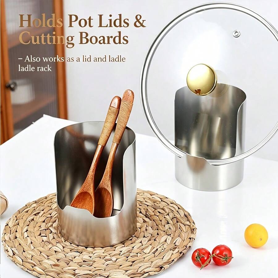 1 pieza Estante de almacenamiento de utensilios de cocina de acero inoxidable reforzado, organizador integrado para encimera, utilizado para almacenar tapas de ollas, espátulas, cucharas y tablas de cortar, un estante de herramientas de cocina estable y ahorrador de espacio adecuado para el uso diario en la cocina