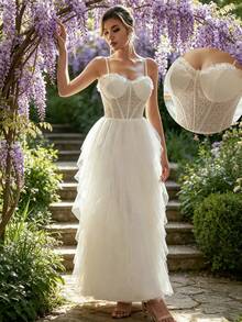 Elegant White Lace Tulle Dress, Suitable For Party, Ball, Wedding Guest, Bridesmaid And Christmas New Year - White - View 4