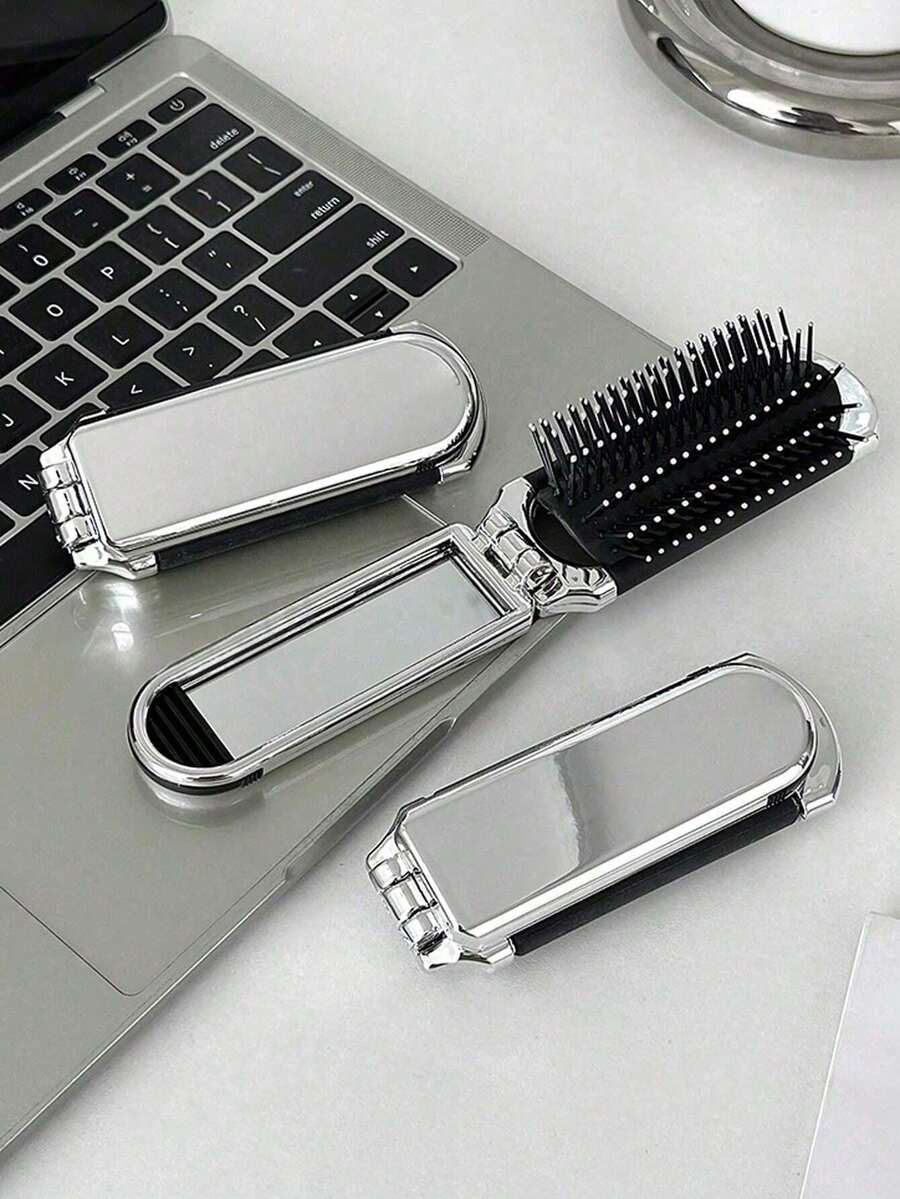 Shiny Electroplated Silver Comb With A Foldable Design, A Small Mirror, Portable Comb Mirror, Comb Decorative Small Comb,Travel And The Back-To-School Season Essentials - Multicolor - View 1