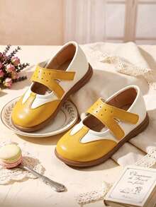 1 Pair White & Yellow Colorblock Patchwork PU Material Round Toe Low-Top Hook & Loop Flat Retro Mary Jane Shoes For Girls, Suitable For Daily Wear And Pastoral Style Outfits - Yellow - View 2