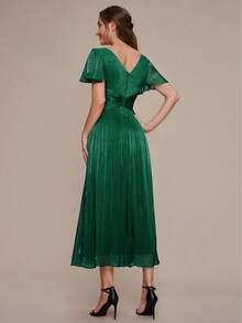 EVERPRETTY Dark Green Ruffle Trim Mid-Length Ruffle Sleeve A-Line Dress Suitable For Wedding Guest - Dark Green - View 4