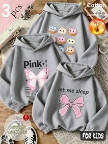 Autumn/Winter 3 Pieces Set: Girls' Fleece Hoodie With Donut, Pink Bow, "Pink" And "Let Me Sleep" Prints, Y2K Style - Heather Gray+Heather Gray+Heather Gray - View 5