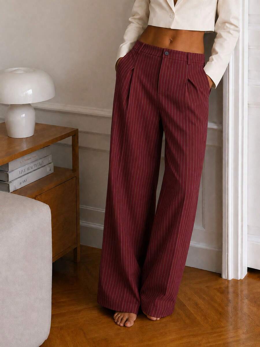 Zerodot Women Burgundy Pinstripe Tailored Suit Pants With Pleats Office Casual Fall Pre Fall - Burgundy - View 1