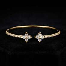 1/3Pcs Fashionable Stainless Steel 18K Gold Plated Women's Four-Leaf Clover Rhinestone Bracelet Set With 18K Gold Four-Leaf Clover Stainless Steel Cubic Zirconia Open Cuff Bracelet, Suitable For Women's Daily Wear, Holiday Gift, Fashionable Women's Bracelet Set - Gold - View 10